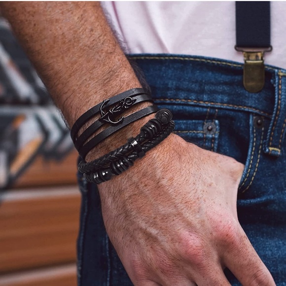 bandmax Double Row Black Braided Leather Wristband Beaded Layer Leather Cord - Picture 6 of 6